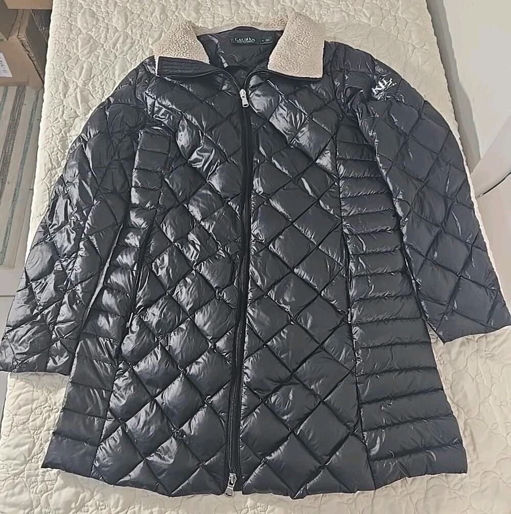 Lauren Ralph Lauren Women M Black Down Puffer Coat Sherpa Collar Quilted Long